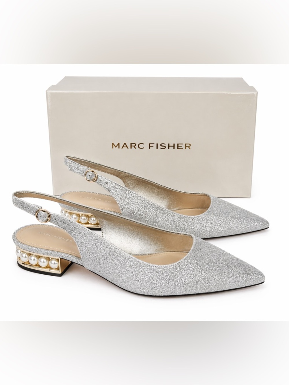 Marc Fisher Rise Silver Glitter Slingback Pearl Heel Pumps 8